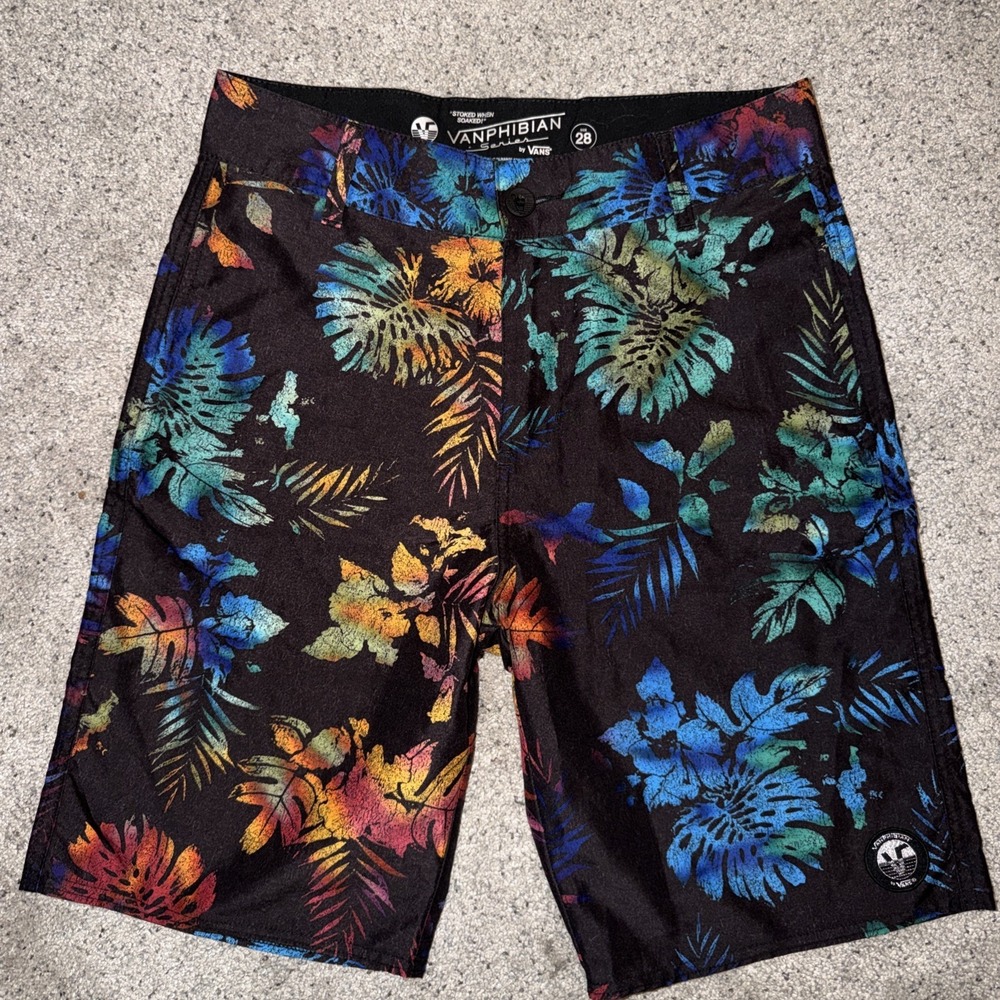 Vans Vanphibian Board Shorts Mens Size 28 Gray Floral Hawaiian Skater Beach Swim